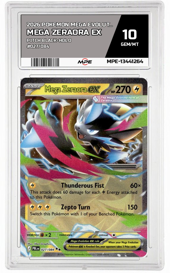 2026 POKEMON MEGA EVOLUTION PITCH BLACK-HOLO #027/084 Mega Zeraora EX MPE 10 GEM/MT — graded card auctioned from the MPE vault