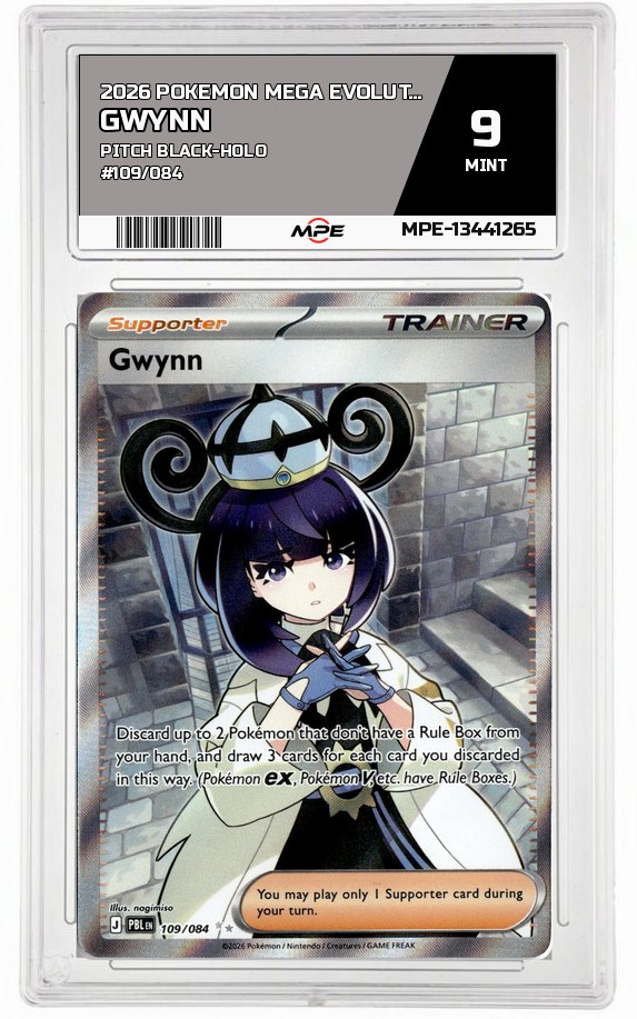 2026 POKEMON MEGA EVOLUTION PITCH BLACK-HOLO #109/084 Gwynn MPE 9 MINT — graded card auctioned from the MPE vault
