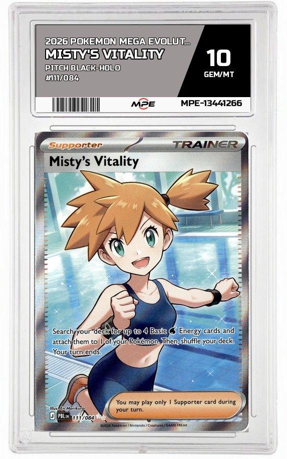 2026 POKEMON MEGA EVOLUTION PITCH BLACK-HOLO #111/084 Misty's Vitality MPE 10 GEM/MT — graded card auctioned from the MPE vault