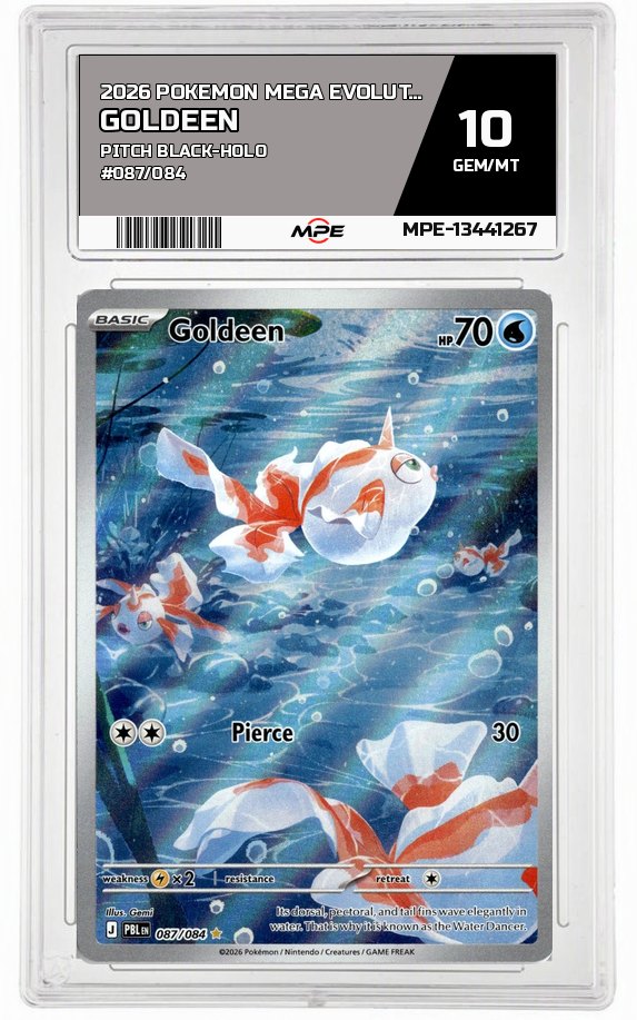 2026 POKEMON MEGA EVOLUTION PITCH BLACK-HOLO #087/084 Goldeen MPE 10 GEM/MT — graded card auctioned from the MPE vault