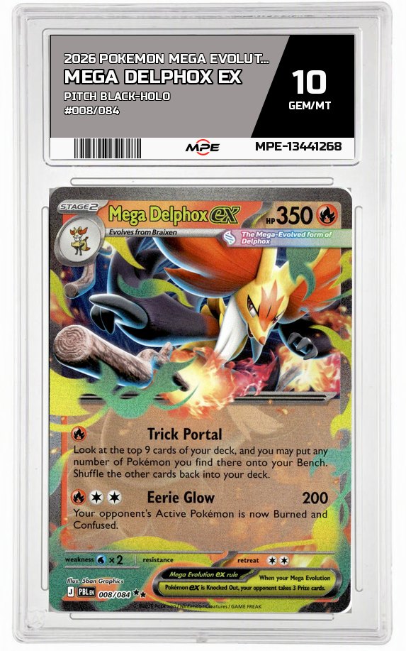 2026 POKEMON MEGA EVOLUTION PITCH BLACK-HOLO #008/084 Mega Delphox EX MPE 10 GEM/MT — graded card auctioned from the MPE vault