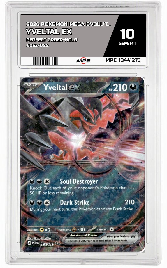 2026 POKEMON MEGA EVOLUTION PERFECT ORDER-HOLO #053/088 Yveltal EX MPE 10 GEM/MT — graded card auctioned from the MPE vault