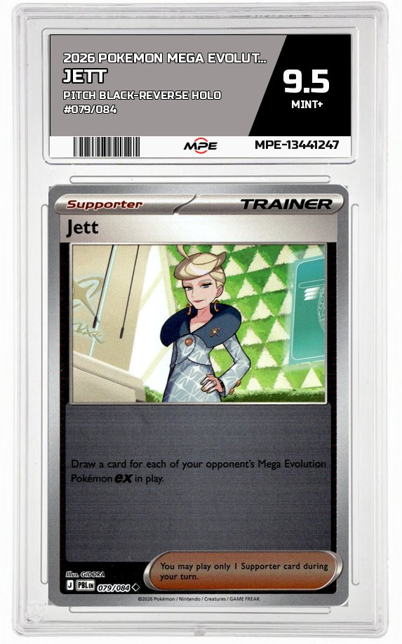 2026 POKEMON MEGA EVOLUTION PITCH BLACK-REVERSE HOLO #079/084 Jett MPE 9.5 MINT+ — graded card auctioned from the MPE vault