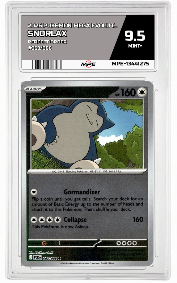 2026 POKEMON MEGA EVOLUTION PERFECT ORDER #063/088 Snorlax MPE 9.5 MINT+ — graded card auctioned from the MPE vault