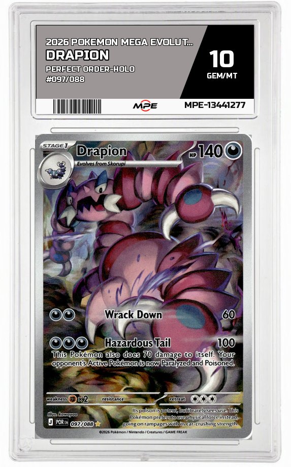 2026 POKEMON MEGA EVOLUTION PERFECT ORDER-HOLO #097/088 Drapion MPE 10 GEM/MT — graded card auctioned from the MPE vault