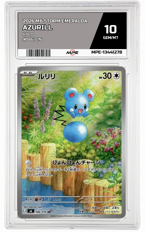 2026 M6 STORM EMERALDA HOLO #086/076 AZURILL MPE 10 GEM/MT — graded card auctioned from the MPE vault
