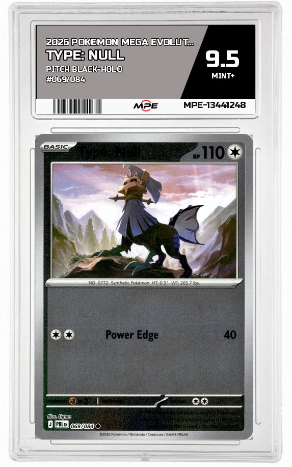 2026 POKEMON MEGA EVOLUTION PITCH BLACK-HOLO #069/084 Type: Null MPE 9.5 MINT+ — graded card auctioned from the MPE vault