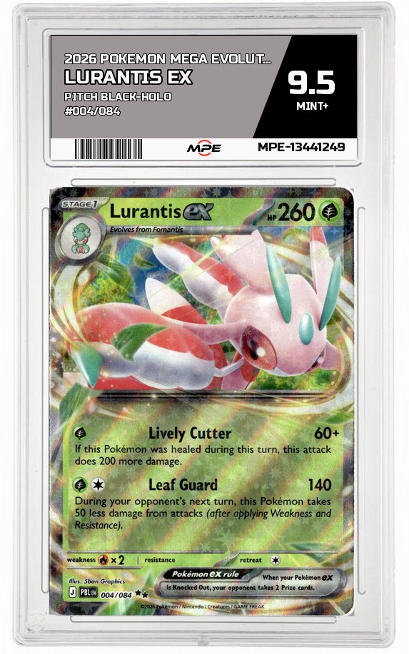 2026 POKEMON MEGA EVOLUTION PITCH BLACK-HOLO #004/084 Lurantis EX MPE 9.5 MINT+ — graded card auctioned from the MPE vault