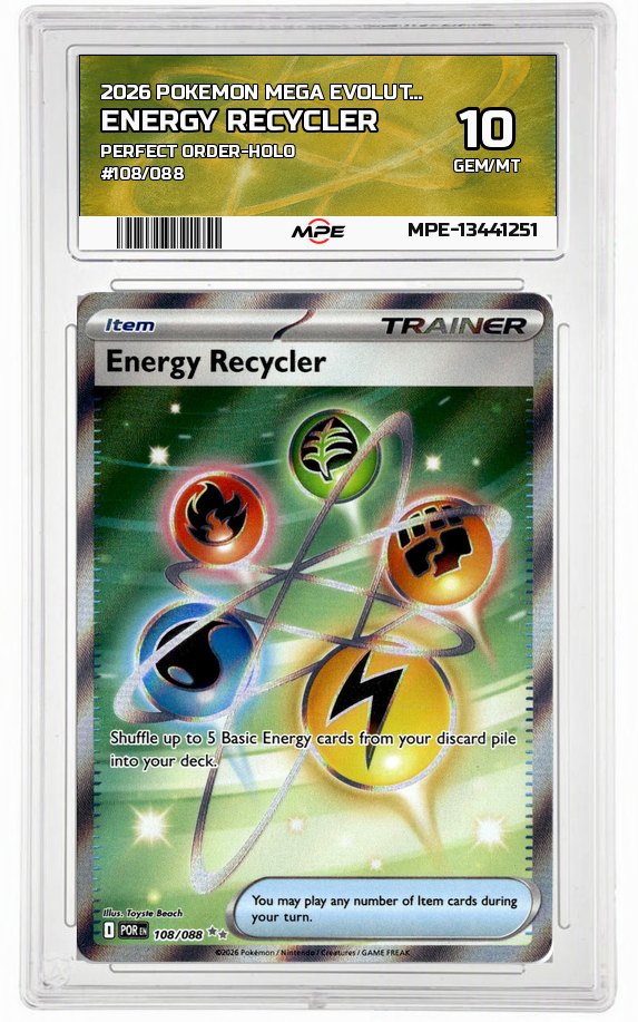 2026 POKEMON MEGA EVOLUTION PERFECT ORDER-HOLO #108/088 Energy Recycler MPE 10 GEM/MT — graded card up for auction