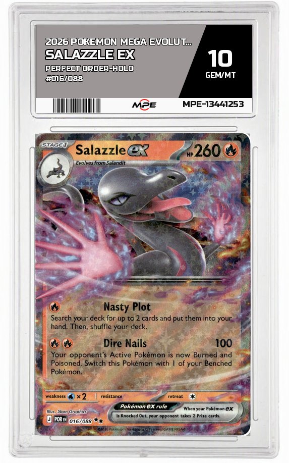 2026 POKEMON MEGA EVOLUTION PERFECT ORDER-HOLO #016/088 Salazzle EX MPE 10 GEM/MT — graded card auctioned from the MPE vault