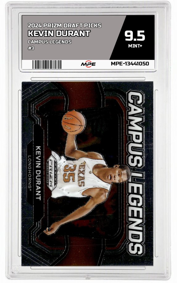 2024 PRIZM DRAFT PICKS CAMPUS LEGENDS #3 KEVIN DURANT MPE 9.5 MINT+ — graded card auctioned from the MPE vault