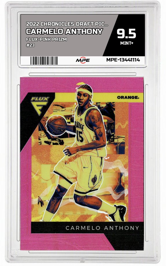 2022 CHRONICLES DRAFT PICKS FLUX-PINK PRIZM #23 CARMELO ANTHONY MPE 9.5 MINT+ — graded card auctioned from the MPE vault