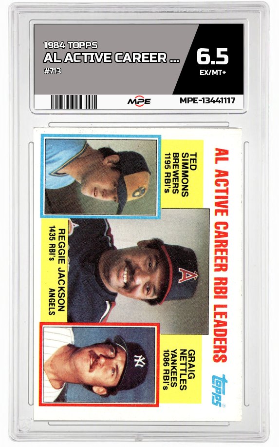 1984 TOPPS #713 AL ACTIVE CAREER RBI LEADERS (REGGIE JACKSON) MPE 6.5 EX/MT+ — graded card auctioned from the MPE vault
