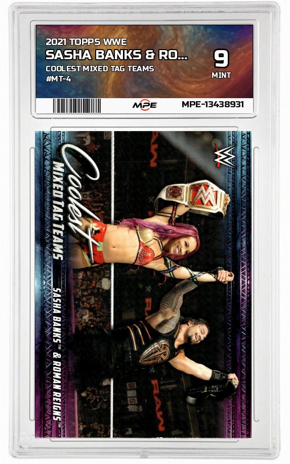 2021 TOPPS WWE COOLEST MIXED TAG TEAMS #MT-4 SASHA BANKS & ROMAN REIGNS MPE 9 MINT — graded card up for auction
