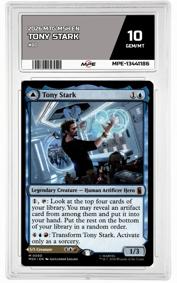 2026 MTG MSH EN #80 TONY STARK MPE 10 GEM/MT — graded card auctioned from the MPE vault