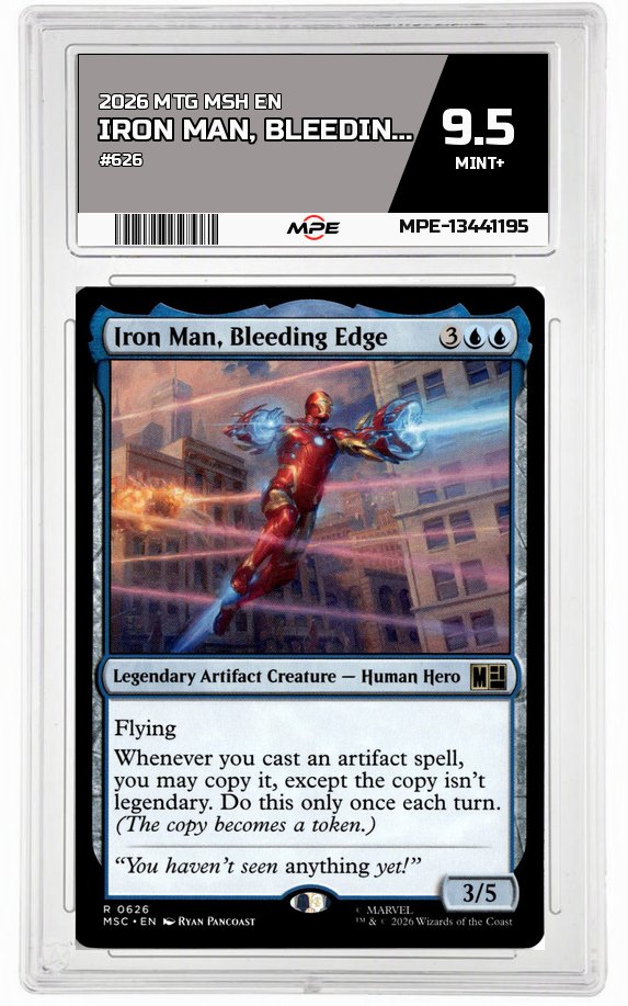 2026 MTG MSH EN #626 IRON MAN, BLEEDING EDGE MPE 9.5 MINT+ — graded card auctioned from the MPE vault