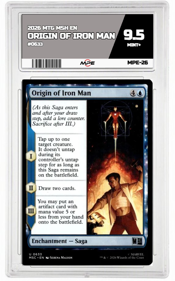 2026 MTG MSH EN #0633 ORIGIN OF IRON MAN MPE 9.5 MINT+ — graded card auctioned from the MPE vault