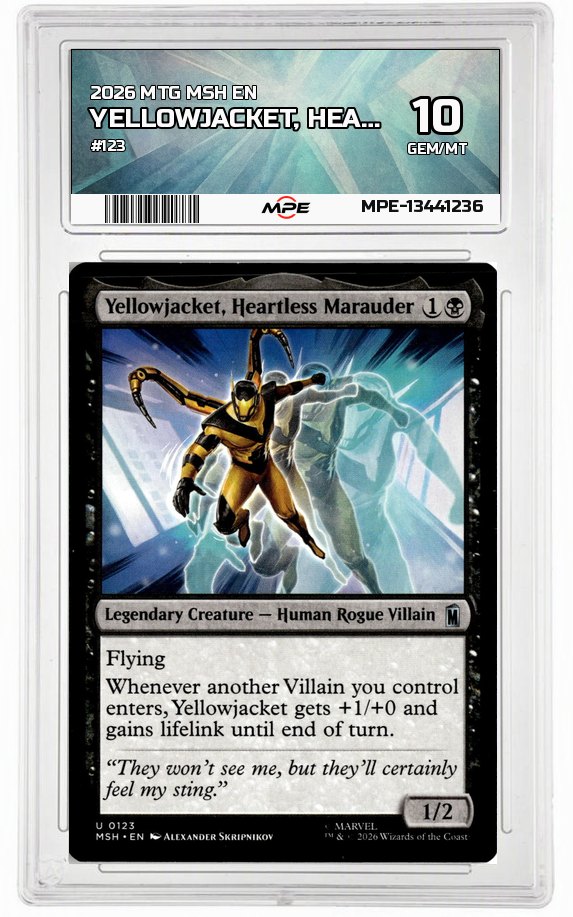 2026 MTG MSH EN #123 YELLOWJACKET, HEARTLESS MARAUDER MPE 10 GEM/MT — graded card up for auction
