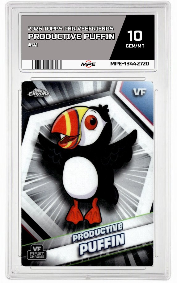 2026 TOPPS CHR VEEFRIENDS #141 PRODUCTIVE PUFFIN MPE 10 GEM/MT — graded card auctioned from the MPE vault