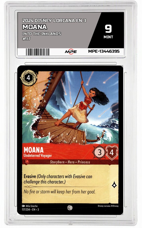 2024 DISNEY LORCANA EN 3 Into the Inklands #117 MOANA MPE 9 MINT — graded card auctioned from the MPE vault