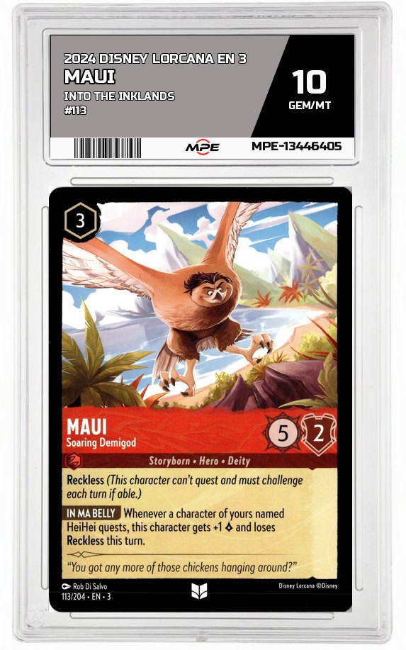 2024 DISNEY LORCANA EN 3 Into the Inklands #113 MAUI MPE 10 GEM/MT — graded card auctioned from the MPE vault