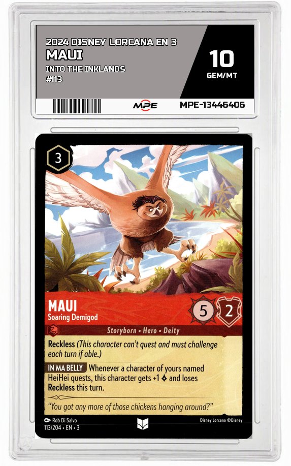 2024 DISNEY LORCANA EN 3 Into the Inklands #113 MAUI MPE 10 GEM/MT — graded card auctioned from the MPE vault