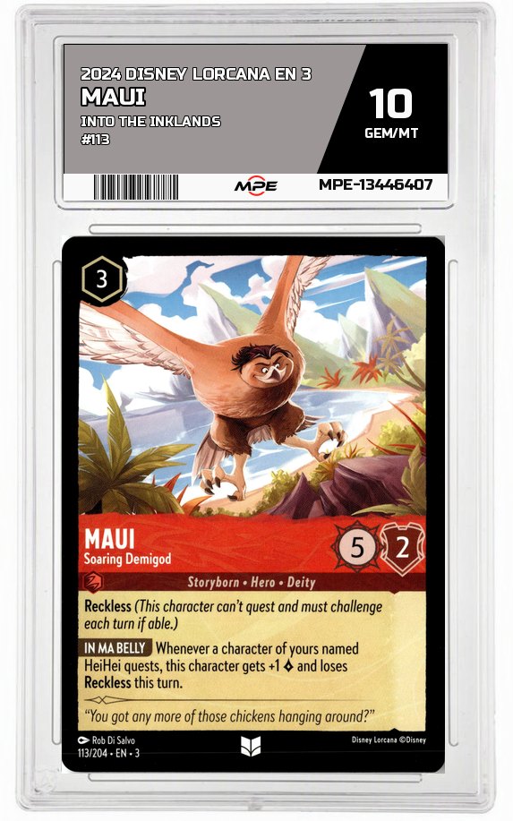 2024 DISNEY LORCANA EN 3 Into the Inklands #113 MAUI MPE 10 GEM/MT — graded card auctioned from the MPE vault