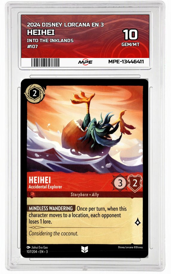 2024 DISNEY LORCANA EN 3 Into the Inklands #107 HEIHEI MPE 10 GEM/MT — graded card auctioned from the MPE vault