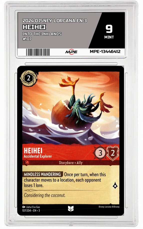 2024 DISNEY LORCANA EN 3 Into the Inklands #107 HEIHEI MPE 9 MINT — graded card auctioned from the MPE vault
