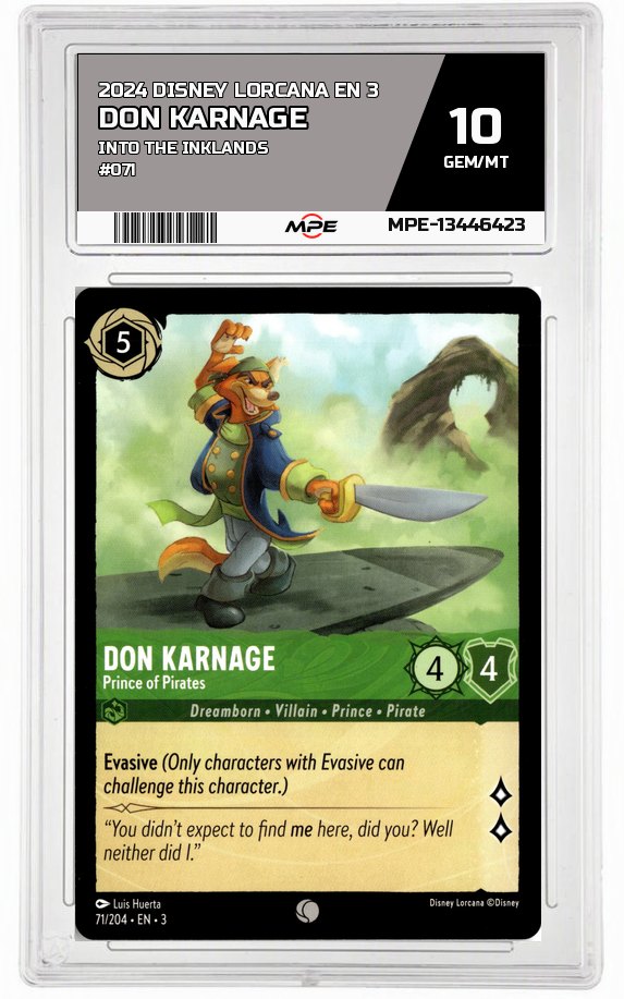 2024 DISNEY LORCANA EN 3 Into the Inklands #071 DON KARNAGE MPE 10 GEM/MT — graded card auctioned from the MPE vault
