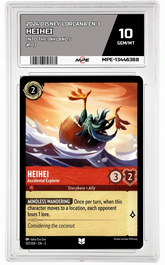 2024 DISNEY LORCANA EN 3 Into the Inklands #107 HEIHEI MPE 10 GEM/MT — graded card auctioned from the MPE vault