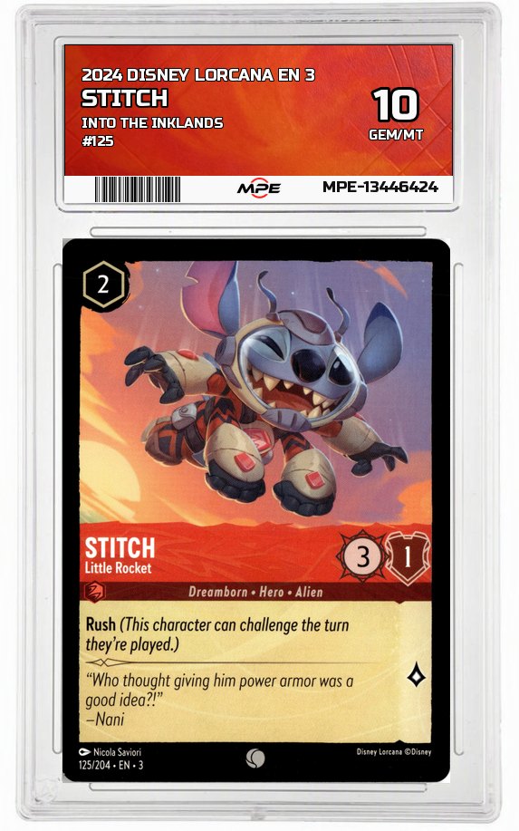 2024 DISNEY LORCANA EN 3 Into the Inklands #125 STITCH MPE 10 GEM/MT — graded card auctioned from the MPE vault