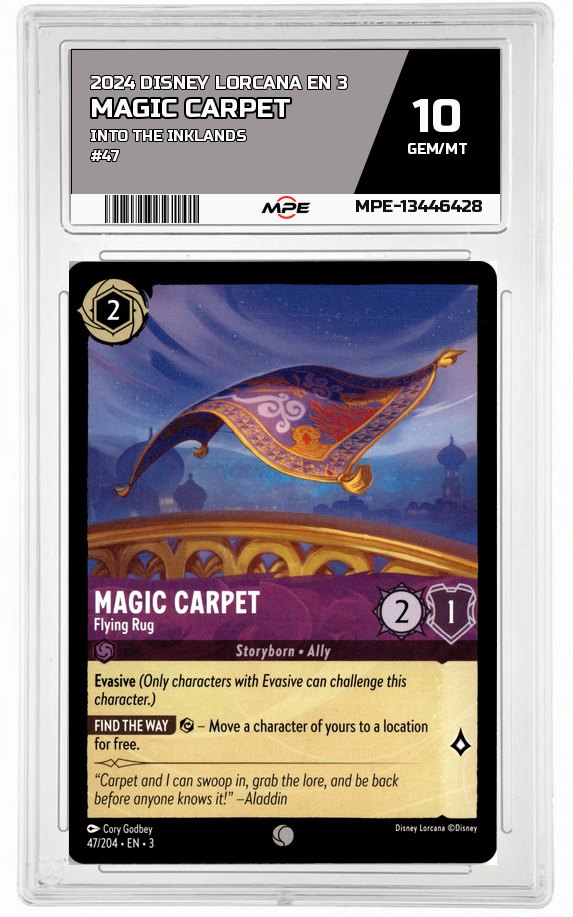 2024 DISNEY LORCANA EN 3 Into the Inklands #47 MAGIC CARPET MPE 10 GEM/MT — graded card auctioned from the MPE vault