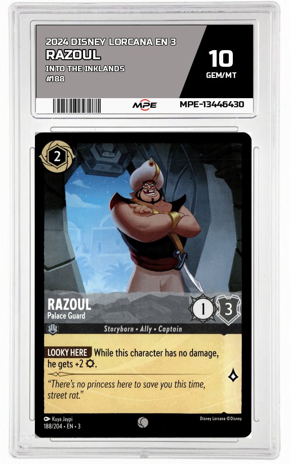 2024 DISNEY LORCANA EN 3 Into the Inklands #188 RAZOUL MPE 10 GEM/MT — graded card auctioned from the MPE vault
