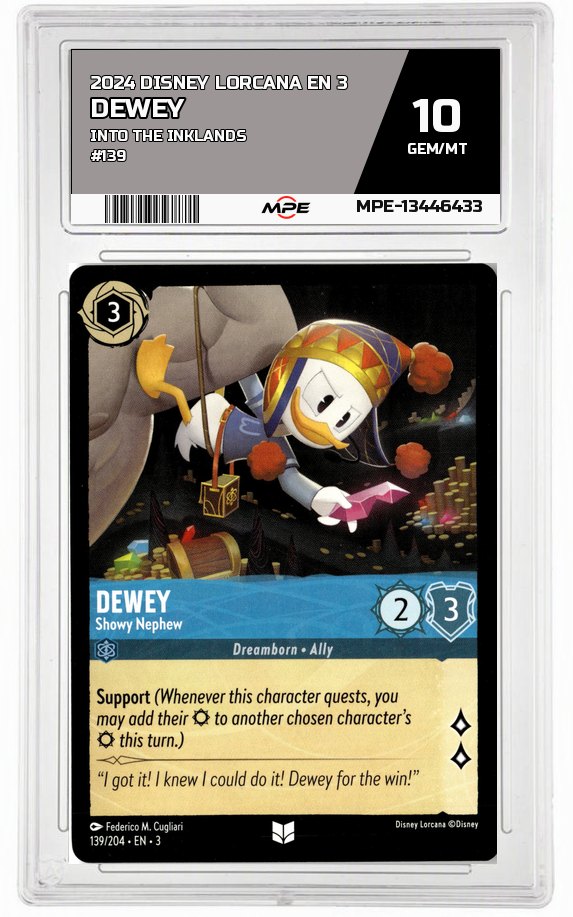 2024 DISNEY LORCANA EN 3 Into the Inklands #139 DEWEY MPE 10 GEM/MT — graded card auctioned from the MPE vault