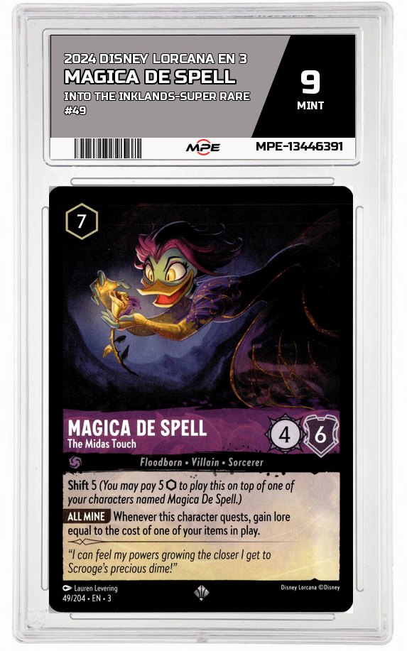 2024 DISNEY LORCANA EN 3 Into the Inklands-Super Rare #49 MAGICA DE SPELL MPE 9 MINT — graded card auctioned from the MPE vault