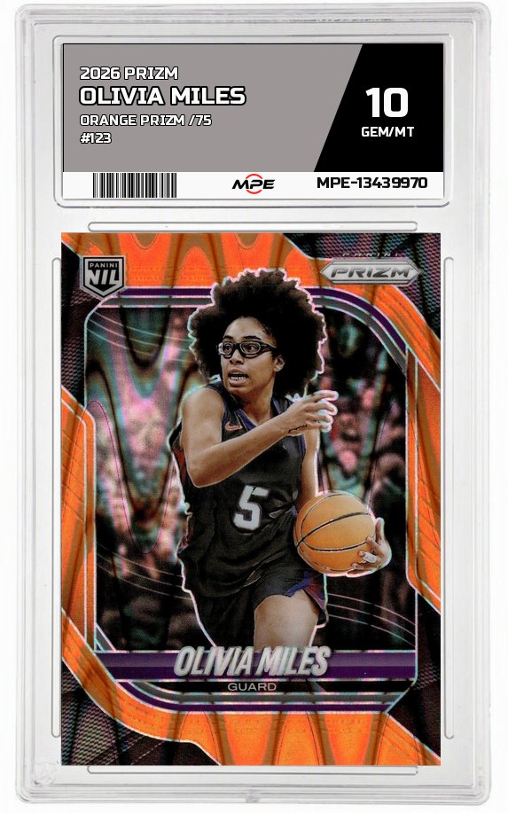 2026 PRIZM Orange Prizm /75 #123 OLIVIA MILES MPE 10 GEM/MT — graded card auctioned from the MPE vault