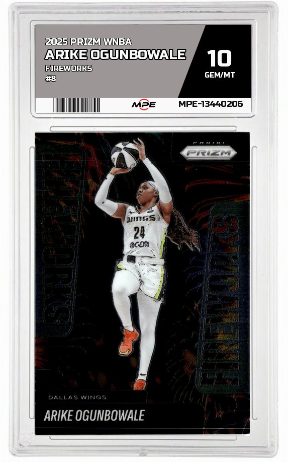 2025 PRIZM WNBA FIREWORKS #8 ARIKE OGUNBOWALE MPE 10 GEM/MT — graded card auctioned from the MPE vault