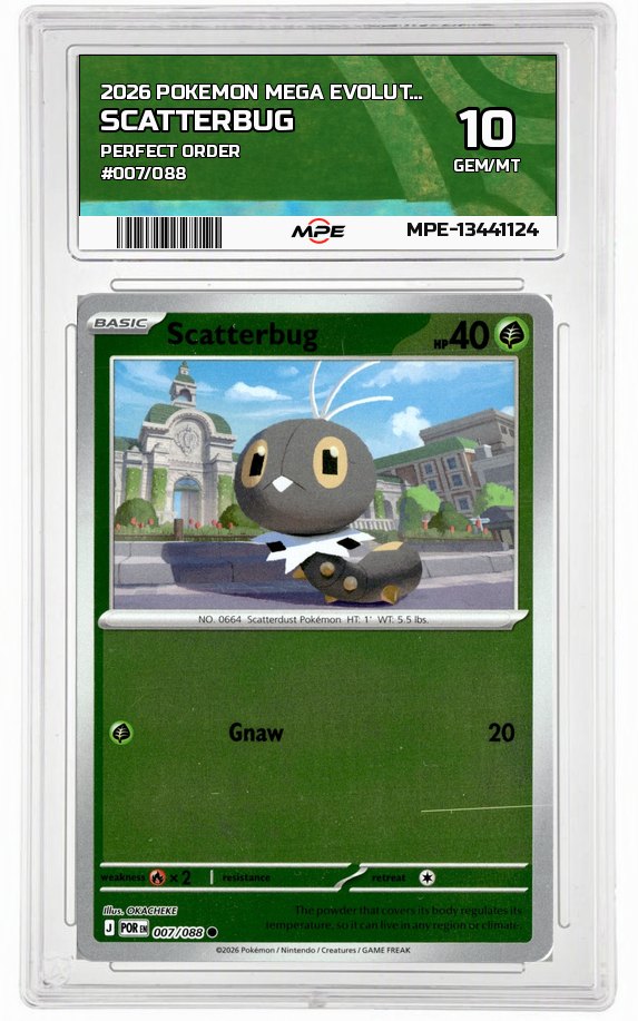 2026 POKEMON MEGA EVOLUTION PERFECT ORDER #007/088 Scatterbug MPE 10 GEM/MT — graded card up for auction