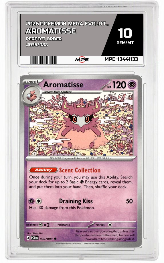 2026 POKEMON MEGA EVOLUTION PERFECT ORDER #036/088 AROMATISSE MPE 10 GEM/MT — graded card auctioned from the MPE vault