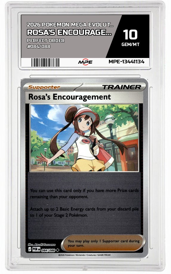 2026 POKEMON MEGA EVOLUTION PERFECT ORDER #084/088 Rosa's Encouragement MPE 10 GEM/MT — graded card auctioned from the MPE vault