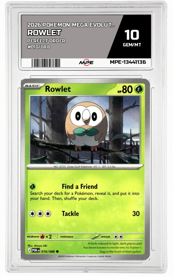 2026 POKEMON MEGA EVOLUTION PERFECT ORDER #010/088 Rowlet MPE 10 GEM/MT — graded card auctioned from the MPE vault