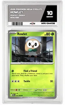 2026 POKEMON MEGA EVOLUTION PERFECT ORDER #010/088 Rowlet MPE 10 GEM/MT — graded card up for auction