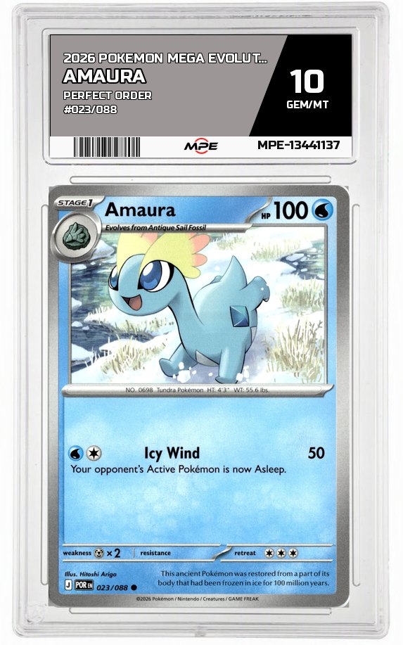 2026 POKEMON MEGA EVOLUTION PERFECT ORDER #023/088 Amaura MPE 10 GEM/MT — graded card auctioned from the MPE vault