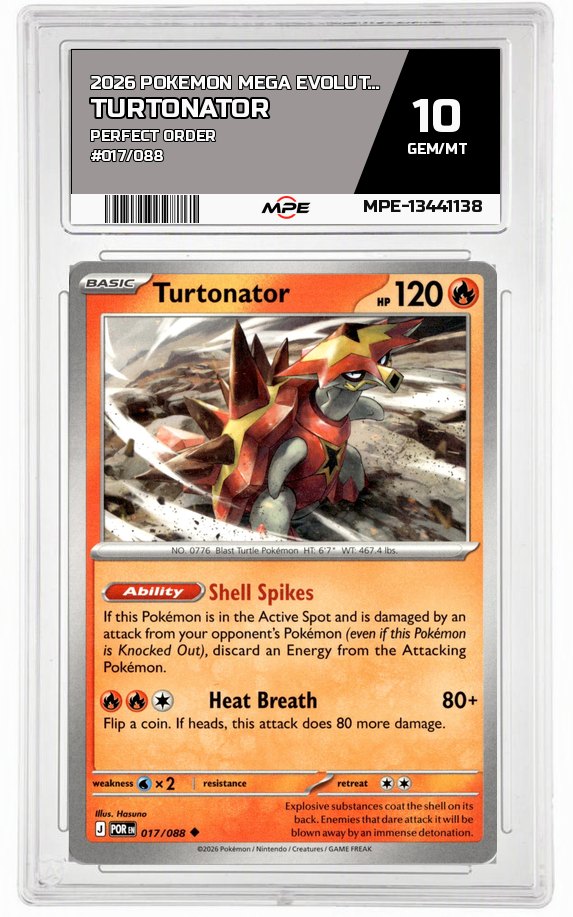 2026 POKEMON MEGA EVOLUTION PERFECT ORDER #017/088 TURTONATOR MPE 10 GEM/MT — graded card up for auction