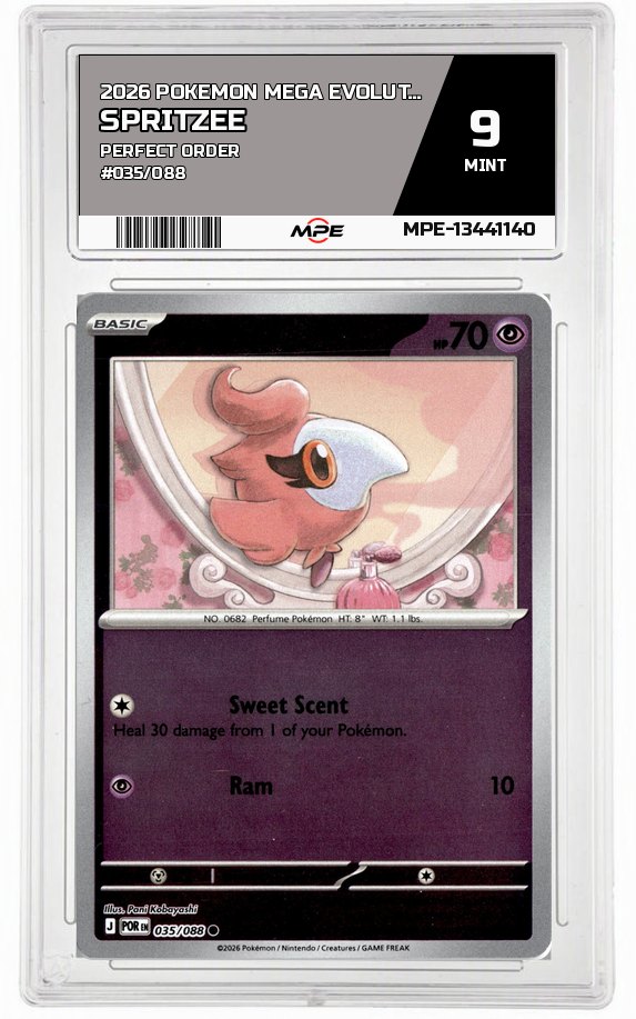 2026 POKEMON MEGA EVOLUTION PERFECT ORDER #035/088 Spritzee MPE 9 MINT — graded card auctioned from the MPE vault