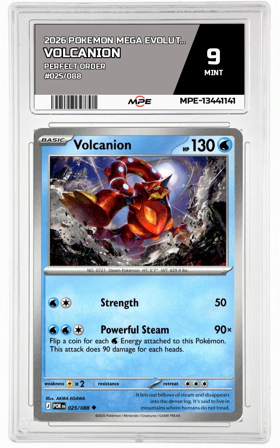 2026 POKEMON MEGA EVOLUTION PERFECT ORDER #025/088 VOLCANION MPE 9 MINT — graded card auctioned from the MPE vault