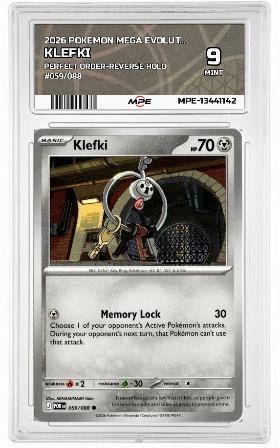 2026 POKEMON MEGA EVOLUTION PERFECT ORDER-REVERSE HOLO #059/088 Klefki MPE 9 MINT — graded card up for auction