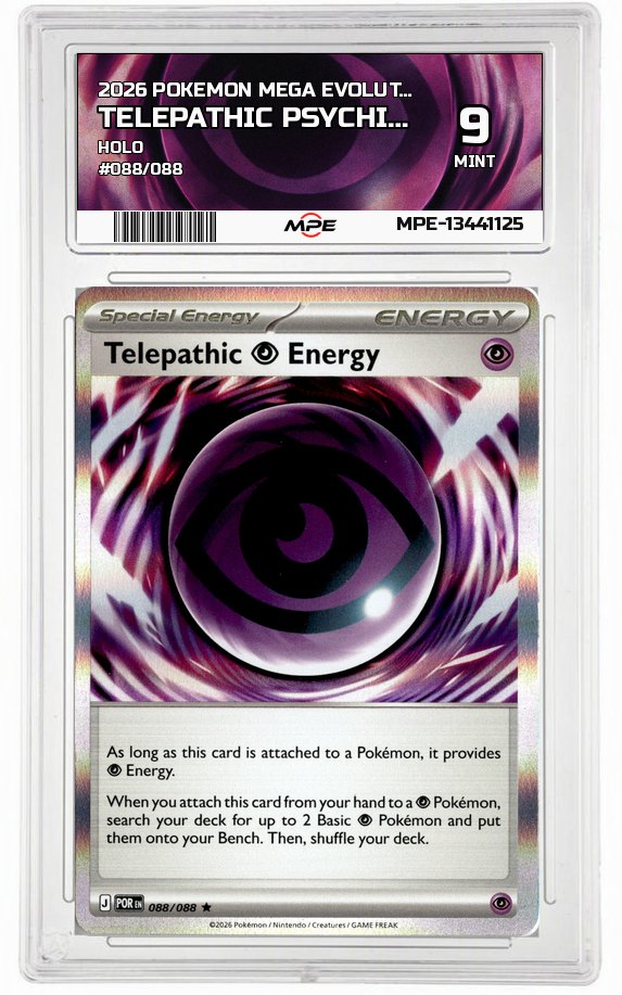 2026 POKEMON MEGA EVOLUTION HOLO #088/088 TELEPATHIC PSYCHIC ENERGY MPE 9 MINT — graded card auctioned from the MPE vault