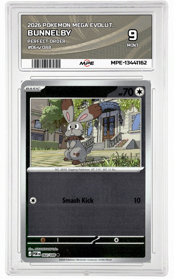 2026 POKEMON MEGA EVOLUTION PERFECT ORDER #064/088 Bunnelby MPE 9 MINT — graded card up for auction